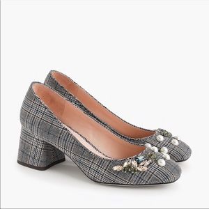 J Crew Block Heel Pumps In Embellished Plaid Size 10.5